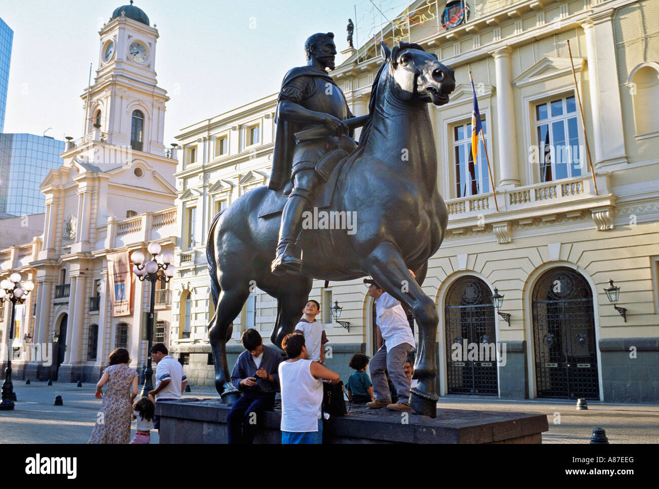 Statue of Don Pedro de Valdivia in the Plaza de Armas in Santiago Stock