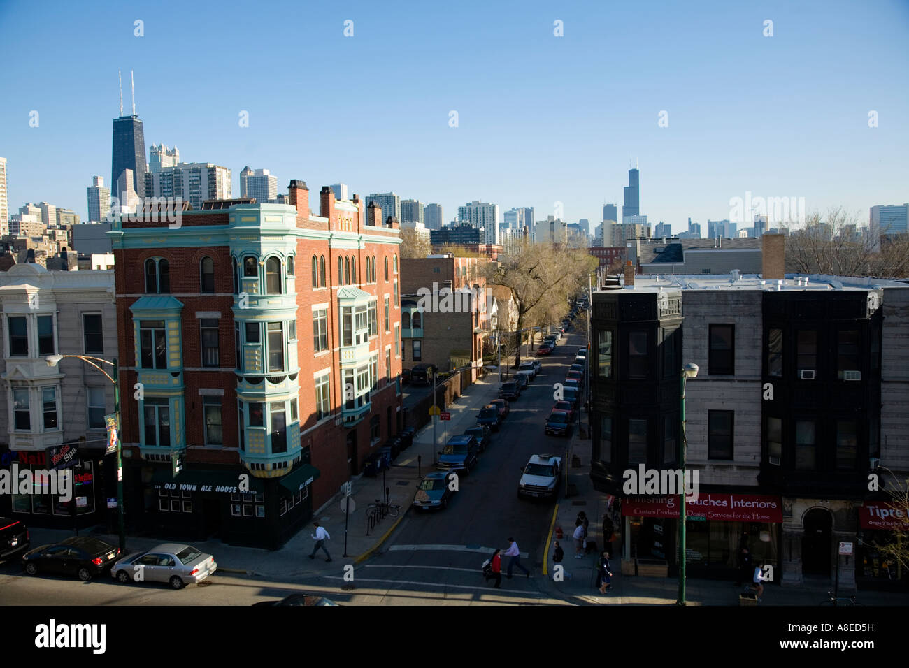 CHICAGO Illinois Side street in Old Town neighborhood aerial view Stock