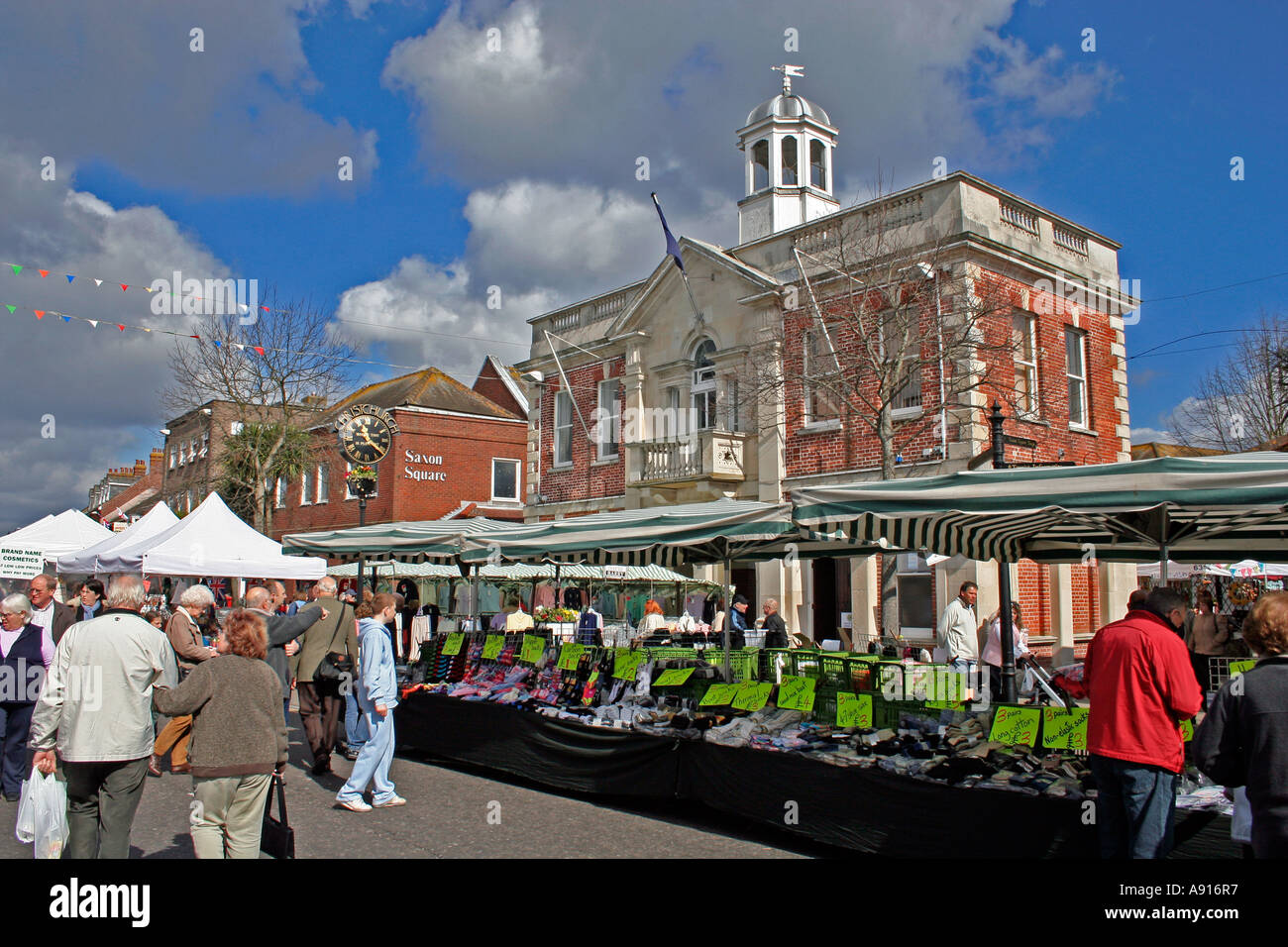 Market Stalls in High Street, Christchurch, Dorset, UK. Europe Stock