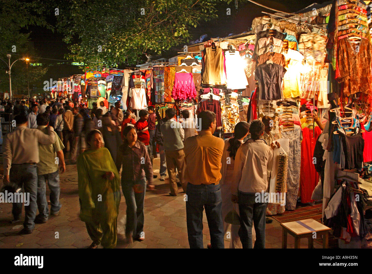 India Delhi Janpath by night mood shops market night shoppers indians