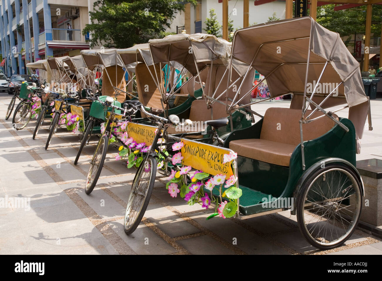 Chinatown Outram Singapore Row of rickshaw tricycles parked on street