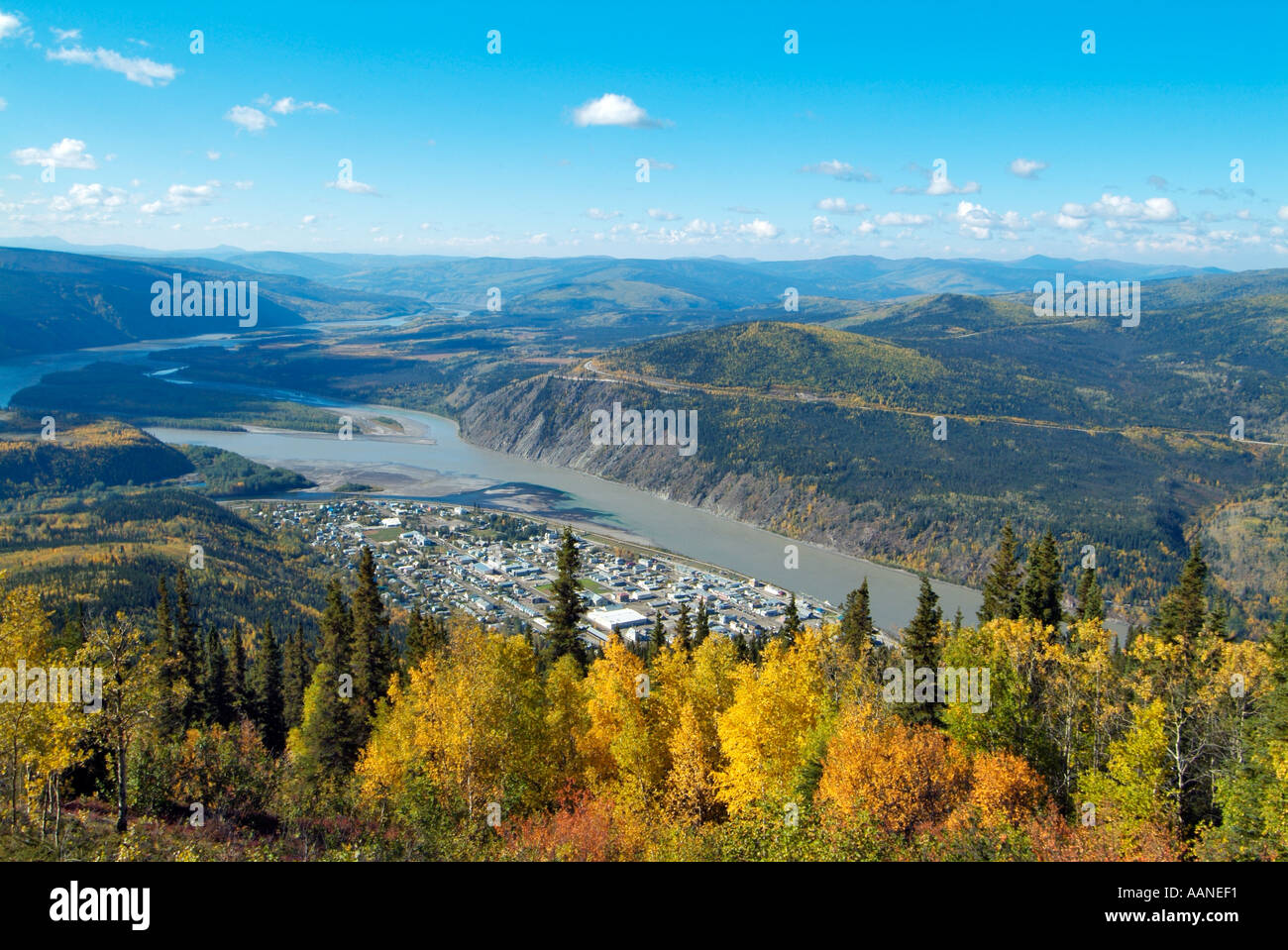 View of Dawson City, the Klondike and Yukon rivers, from the Midnight Stock Photo, Royalty Free