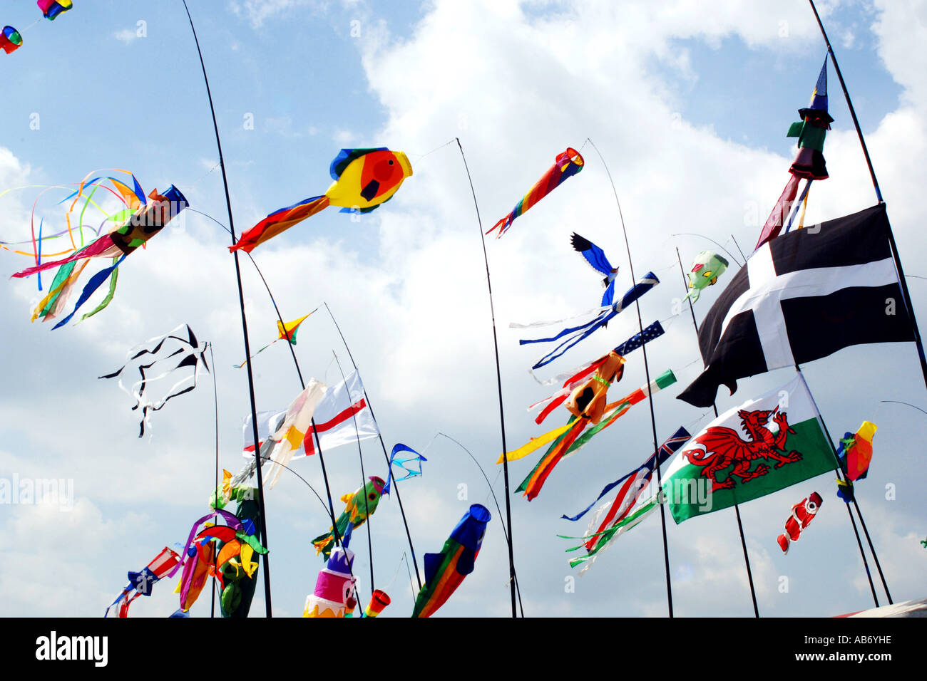 Kites, windsocks and Cornish flags Stock Photo, Royalty Free Image