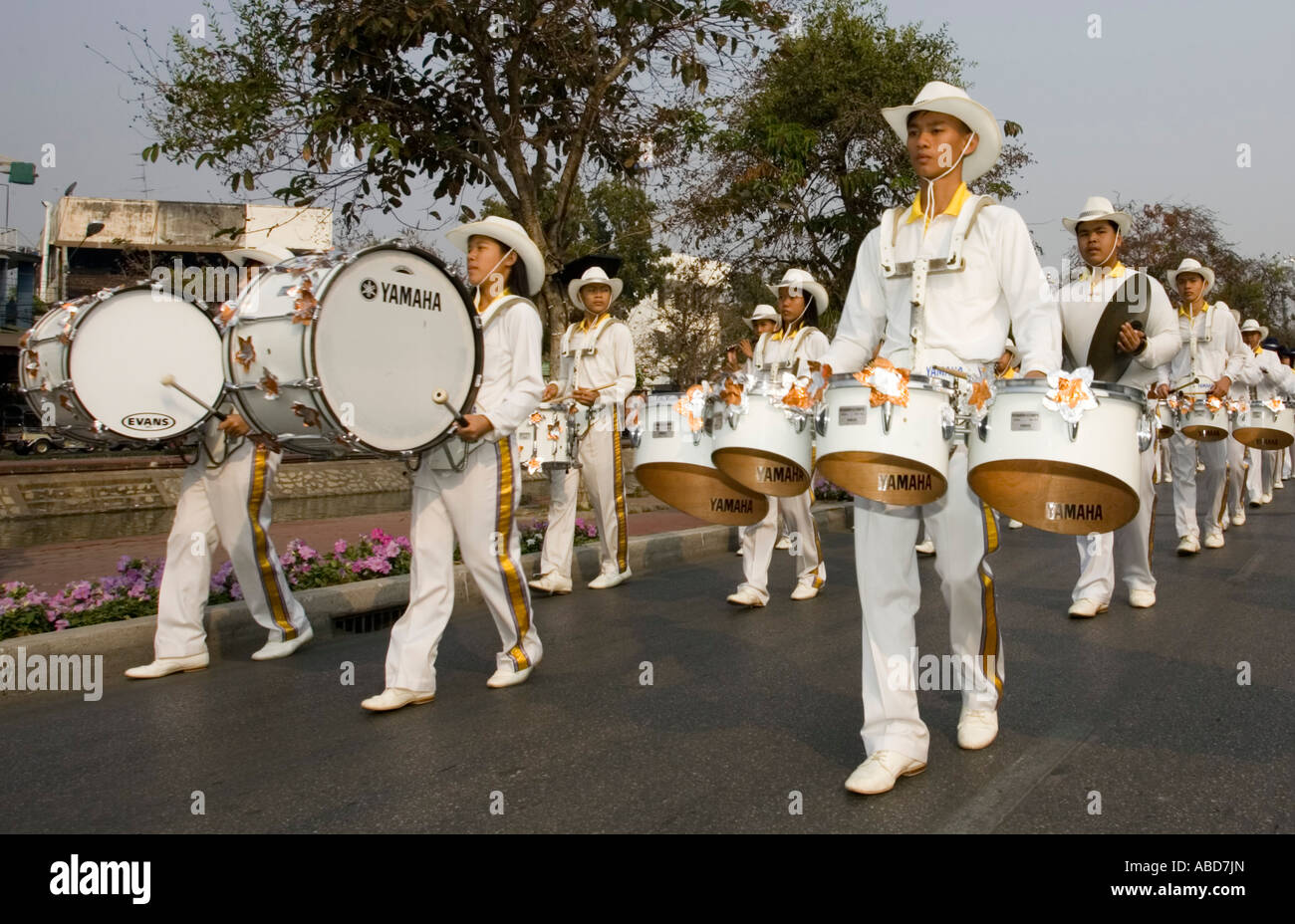 Marching band drum corps parade Chiang Mai Flower Festival north Stock Photo, Royalty Free Image