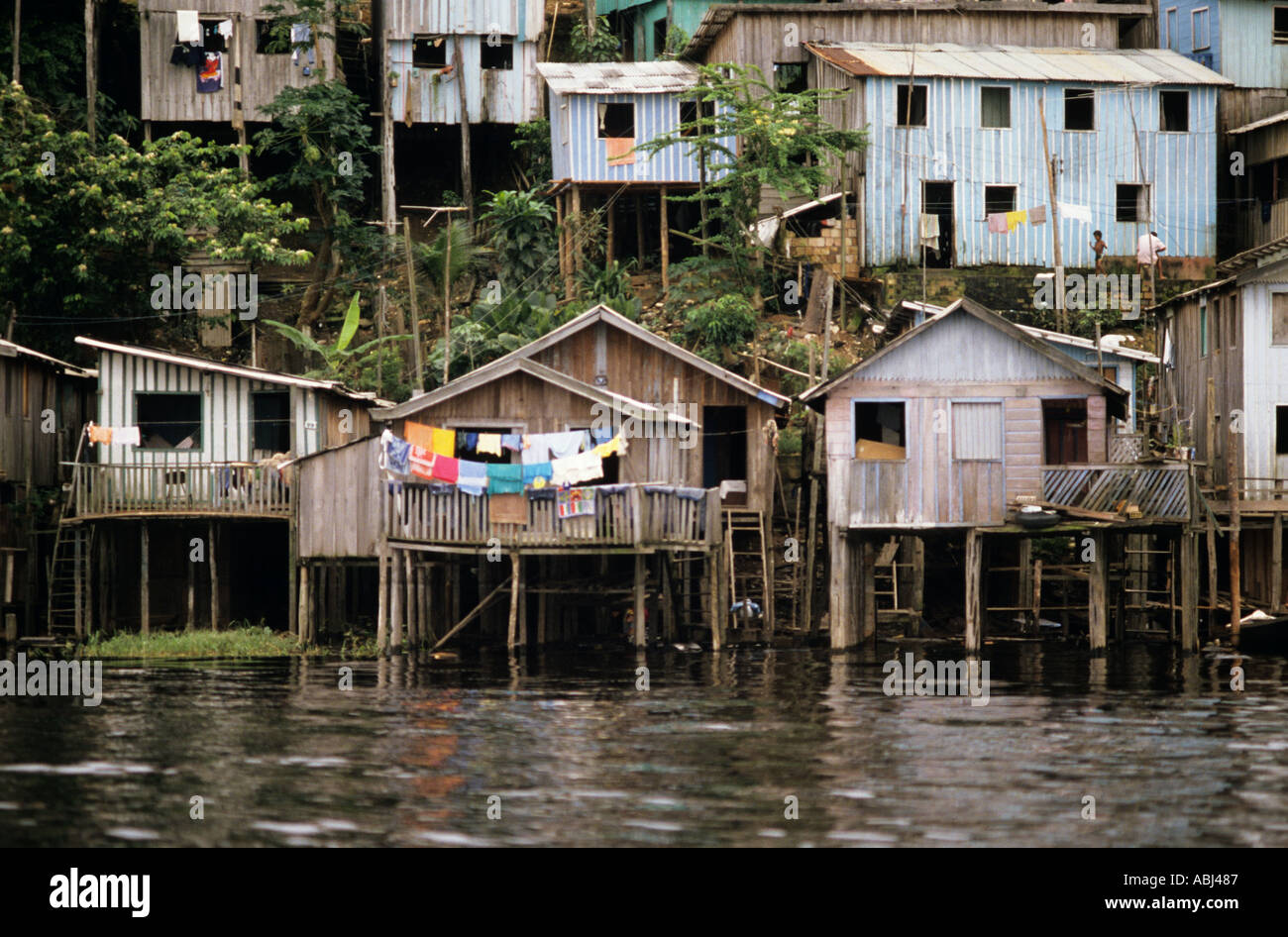 Manaus, Brazil. Poor shanty town housing; houses built on stilts to