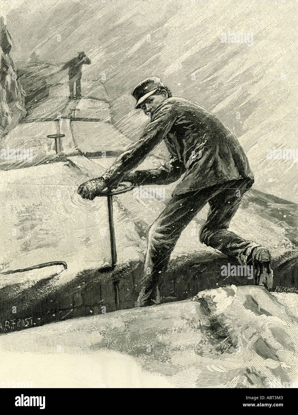 Hard Times on a Freight Train, USA, 1891, Snow storm, Snow blizzard Stock Photo