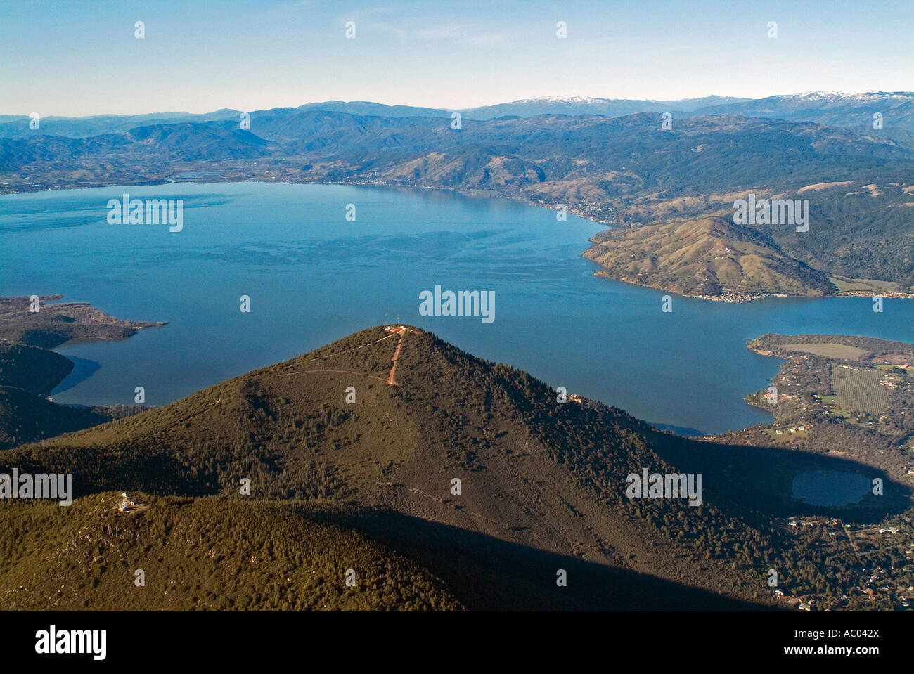 Aerial view above Mount Konocti Lake County Clearlake in northern Stock Photo, Royalty Free