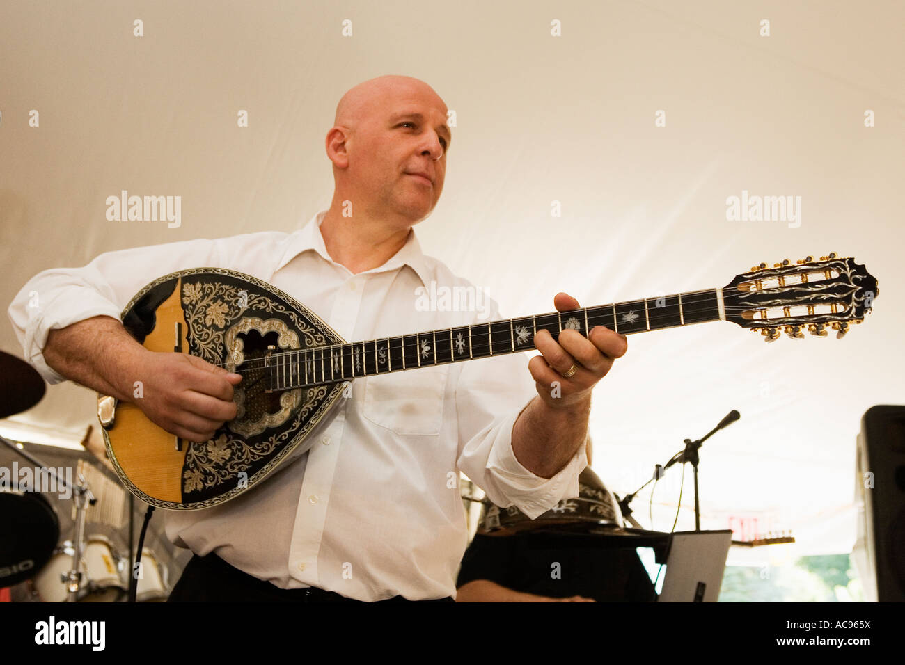 Man playing bouzouki at Greek Festival Syracuse New York Stock Photo