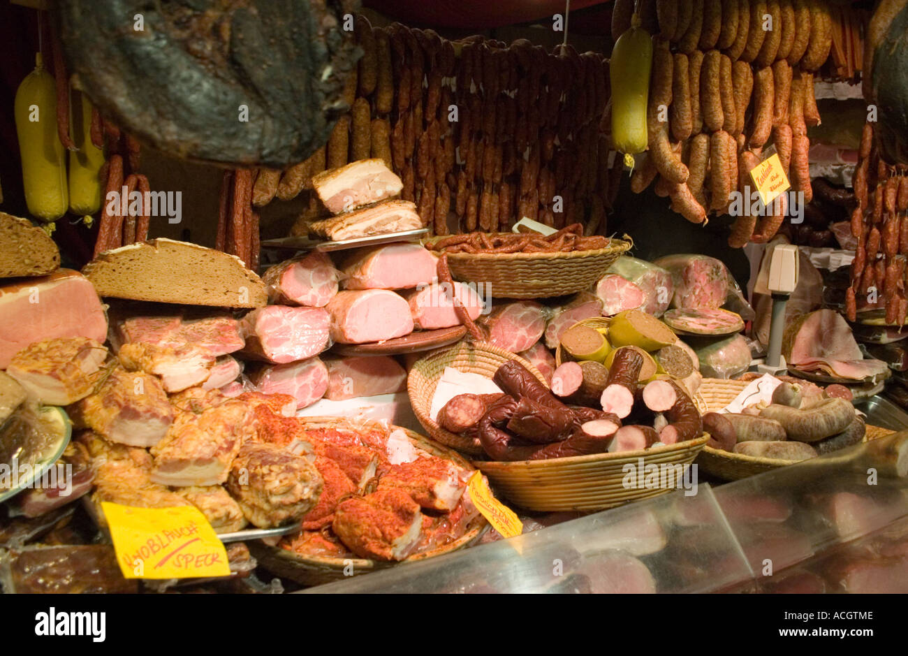 Selection of cooked meats on a delicatessen stall at the Christmas