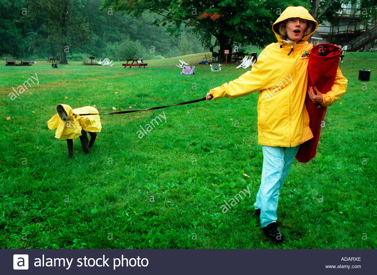 Dog and owner in matching yellow waterproof raincoats, Camp Gone to