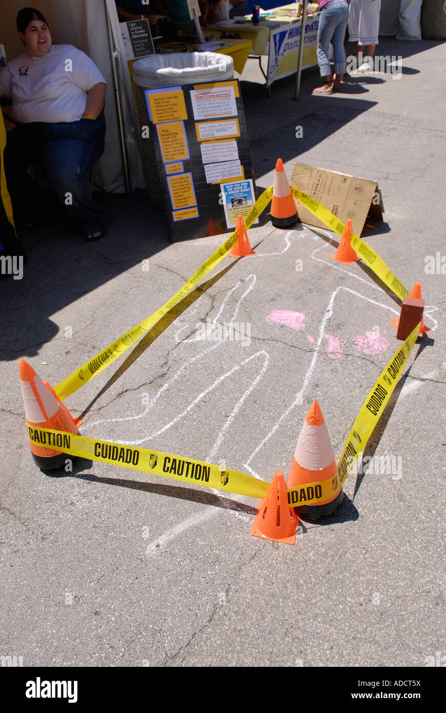 Chalk line on the cement street outlining a persons dead body Stock