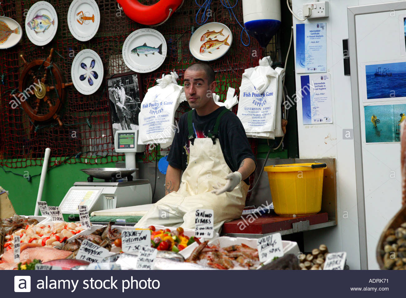 Fishmonger at Borough market London England Stock Photo, Royalty Free