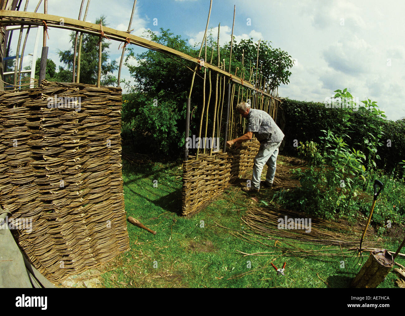 Crawford Balsch building a hurdle fence in situ weaving green willow
