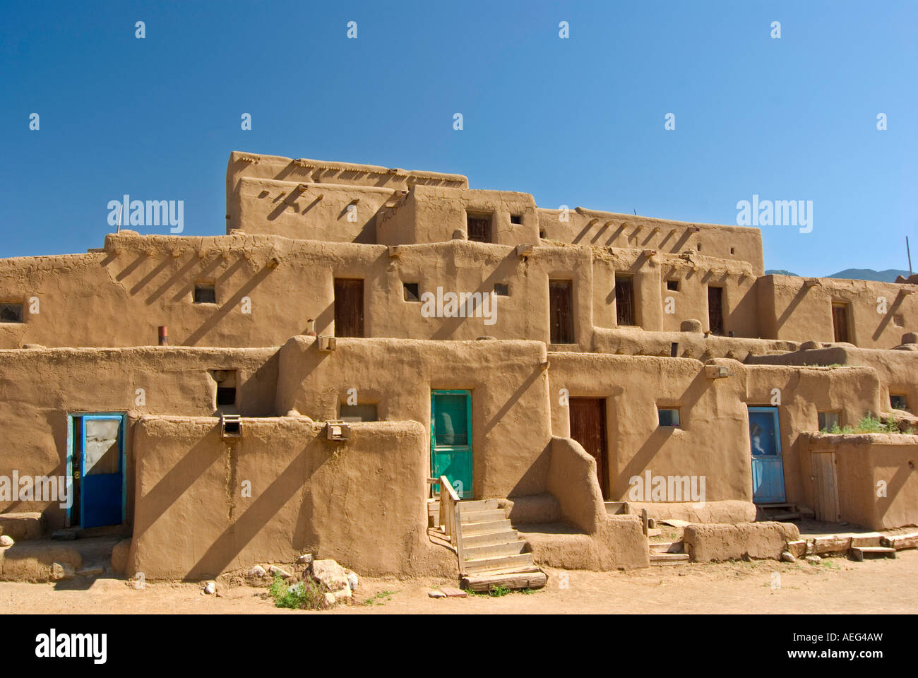 The multilevel adobe village of Taos Pueblo, Taos, New Mexico Stock
