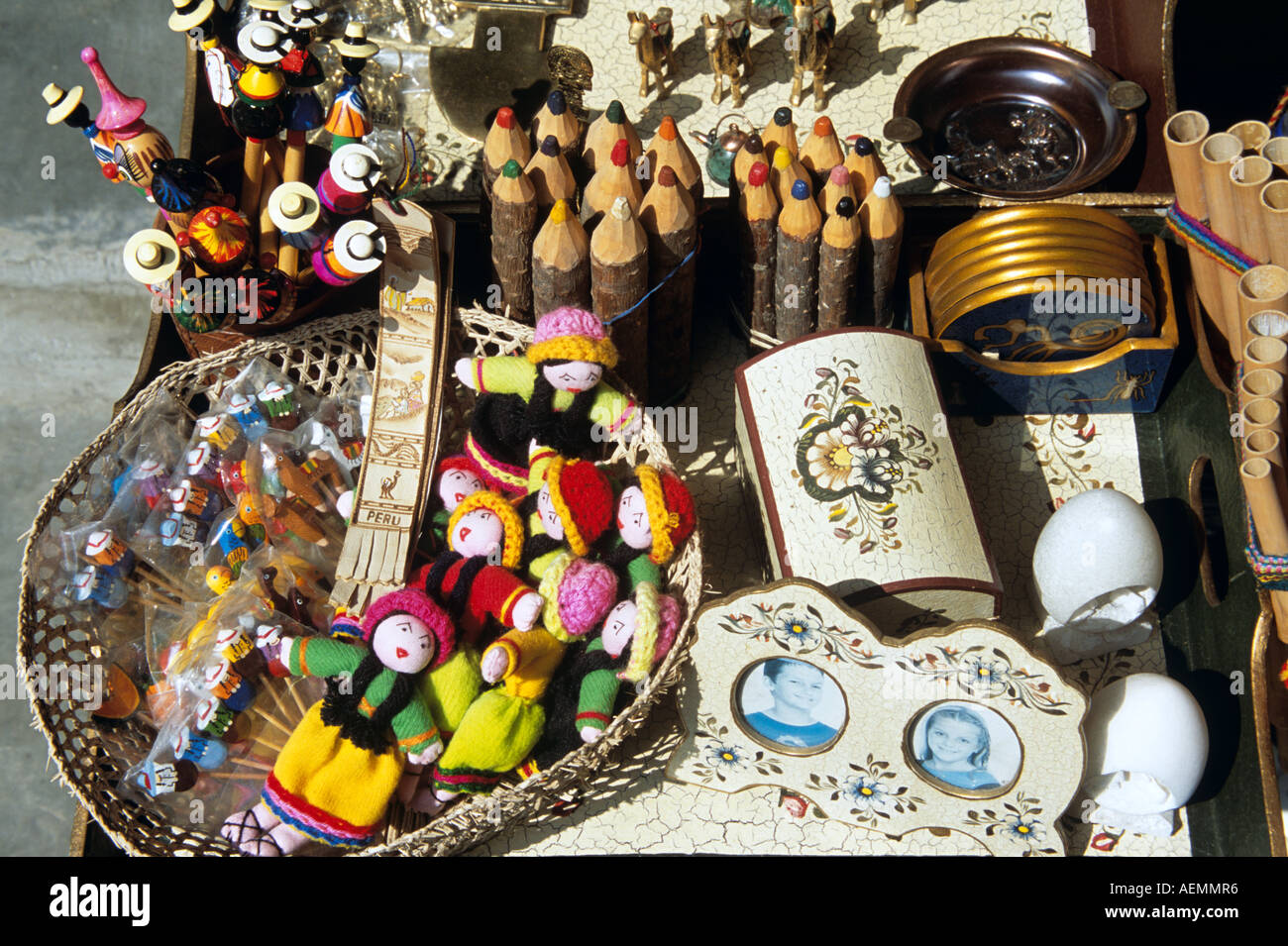 Display of souvenirs outside shop, Indian Market, Lima, Peru Stock