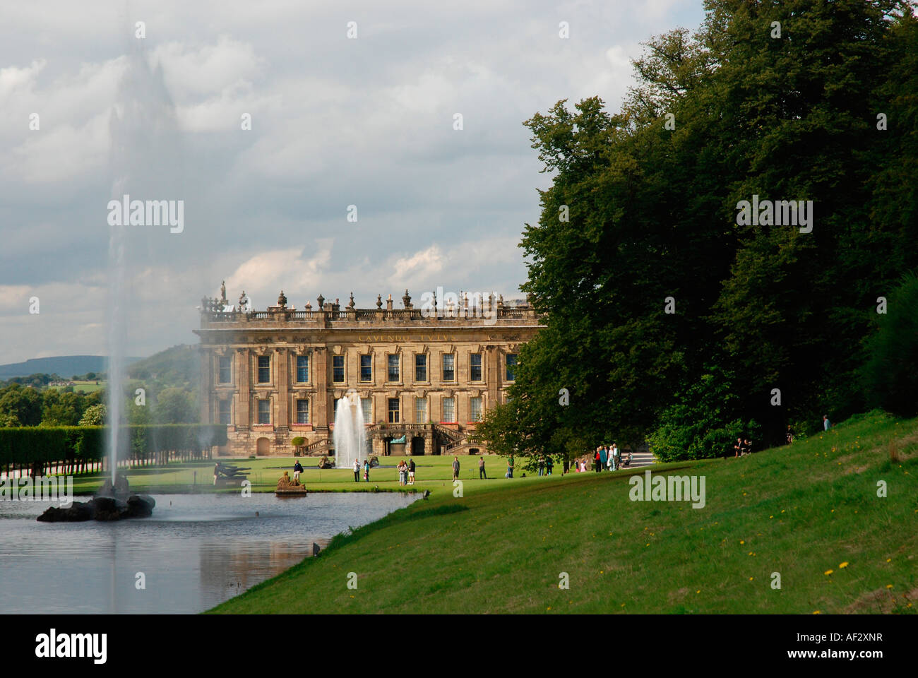 Derbyshire Stately Home and Fountain Stock Photo, Royalty Free Image