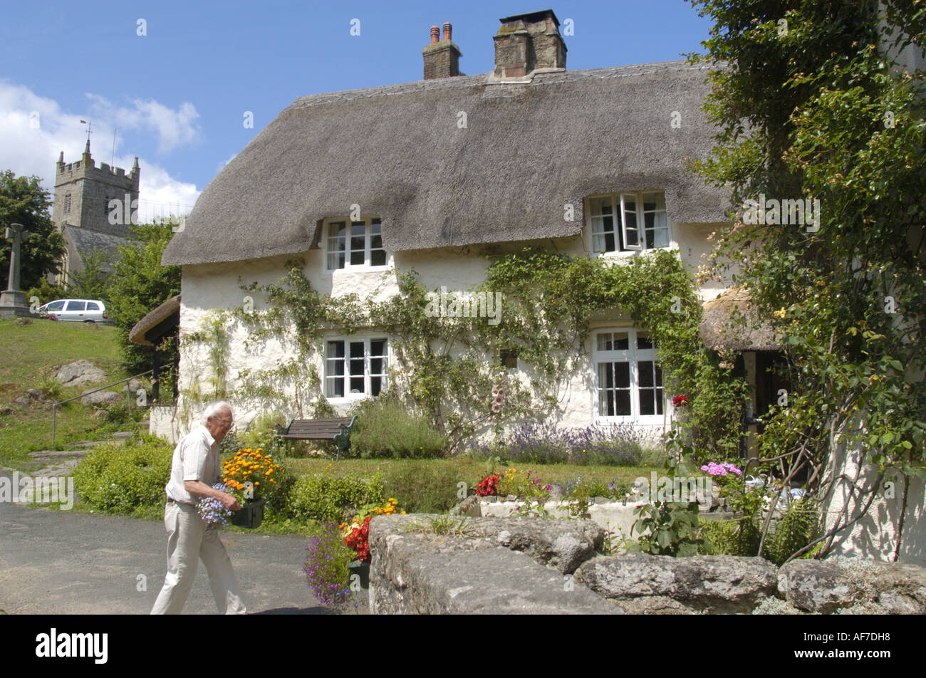 Houses and cross on Lustleigh Village green Dartmoor National Park