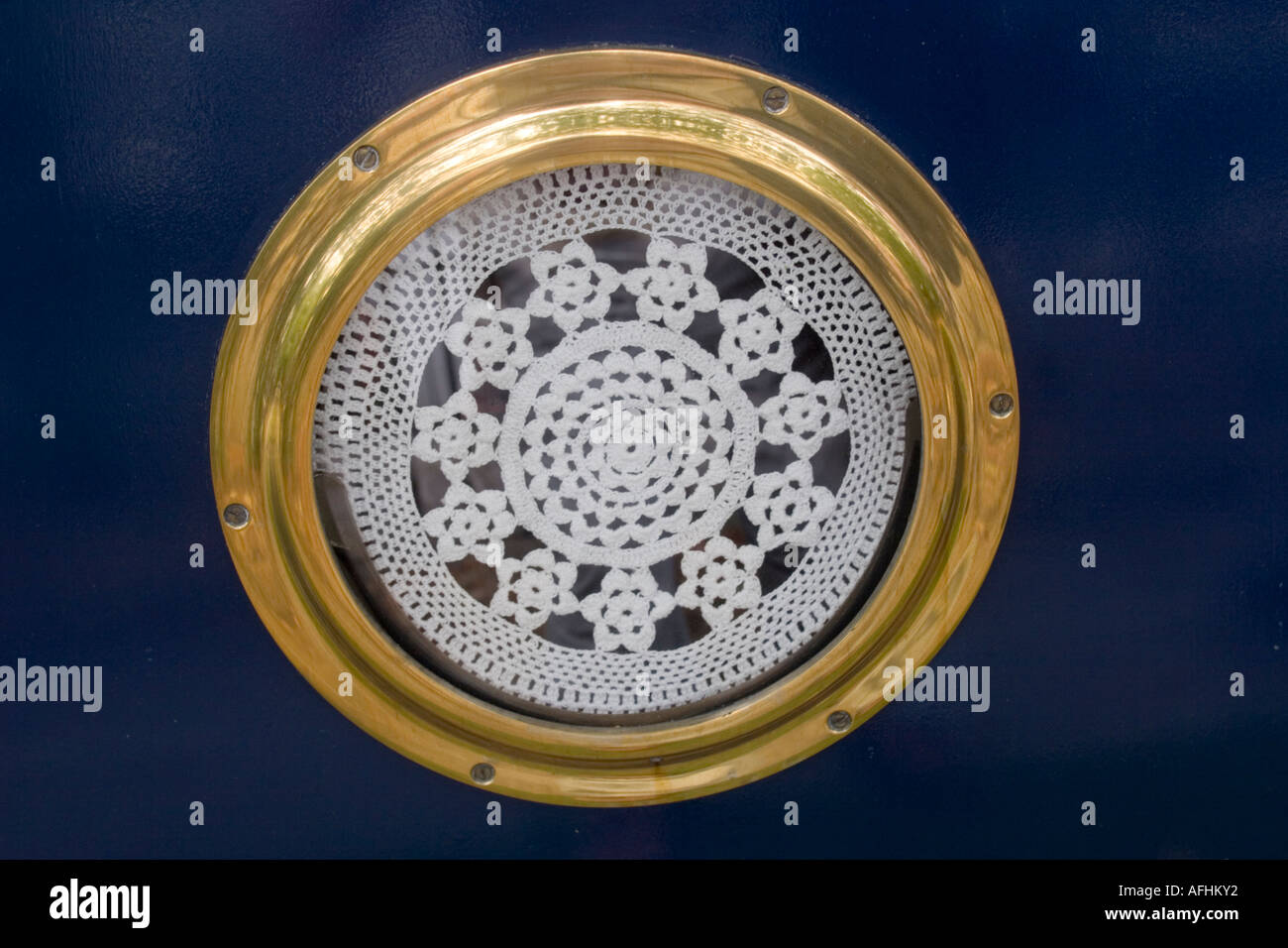 Crocheted Port Hole Cover On Narrow Boat On Canal Near Little Venice