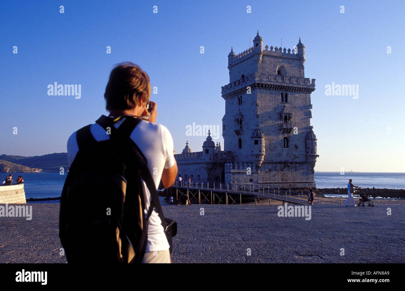 Portugal Lisbon Tourist Photographing The Belem Tower Torre De Belem