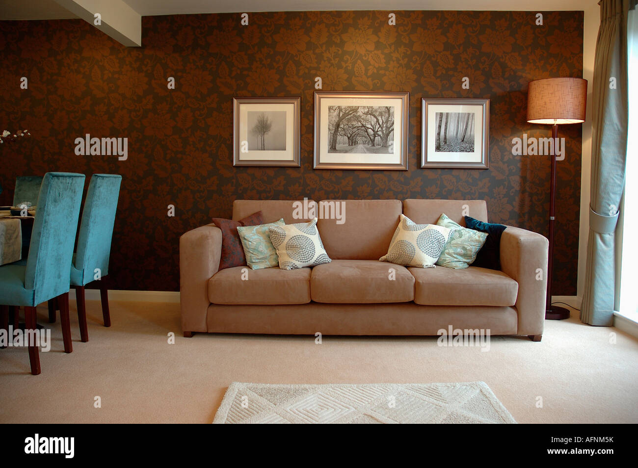 Modern Apartment Livingroom With Patterned Brown Wallpaper And