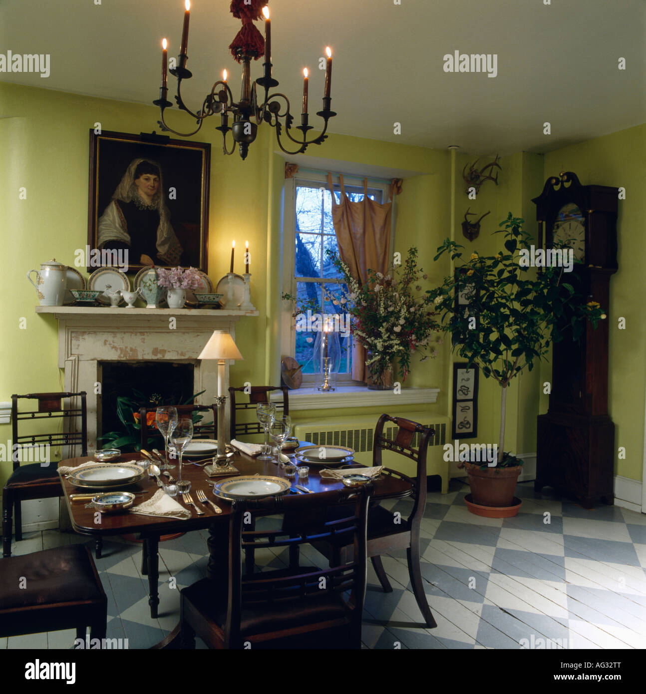 Chandelier Above Antique Table And Chairs In Lime Green Dining