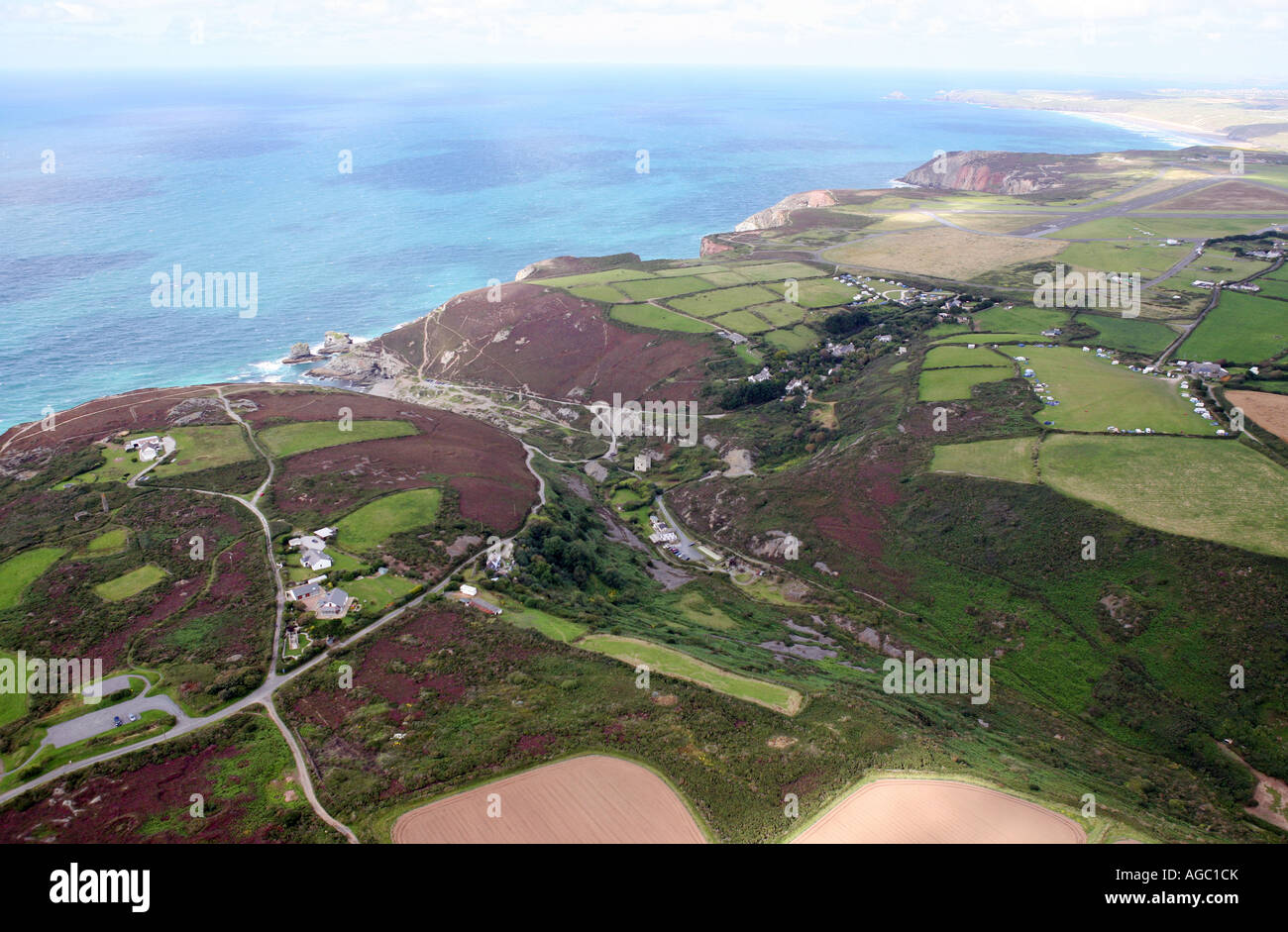 Aerial of Trevellas Porth and Blue Hills, St Agnes, Cornwall, UK Stock
