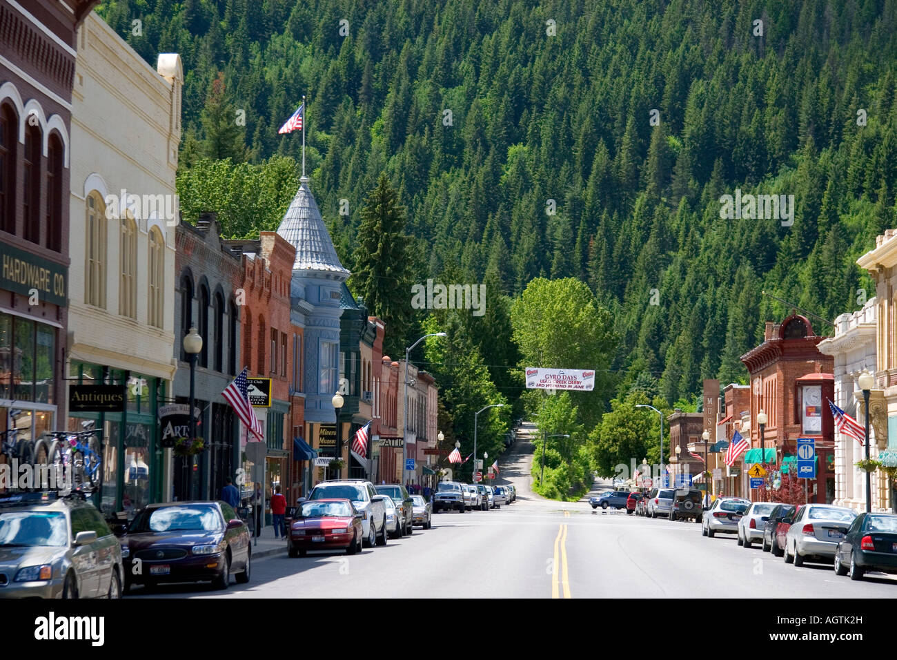 Main street and old brick buildings in the small town of Wallace Stock