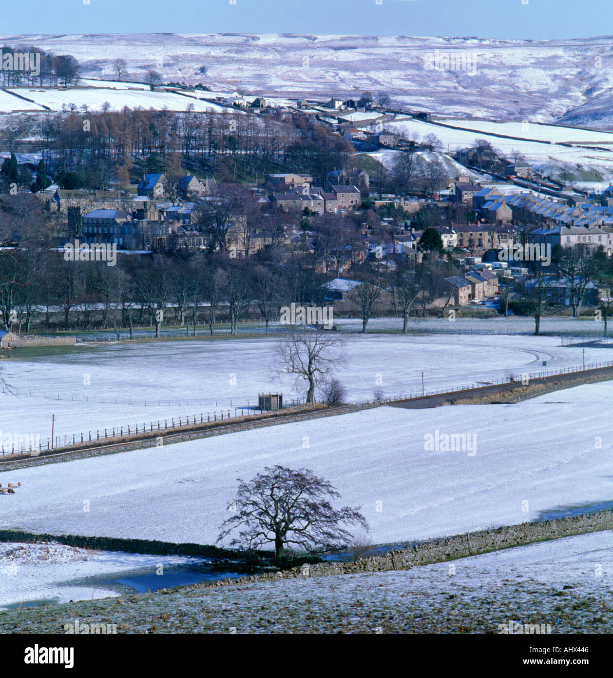 Village of Stanhope under winter snow, Weardale, County Durham Stock
