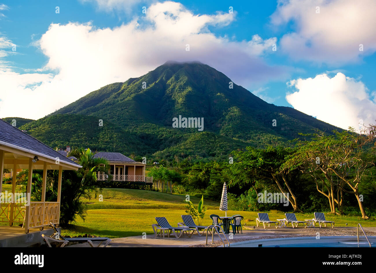 Mount Nevis, green volcano peak, open fields, Island of Nevis, St Stock Photo, Royalty Free