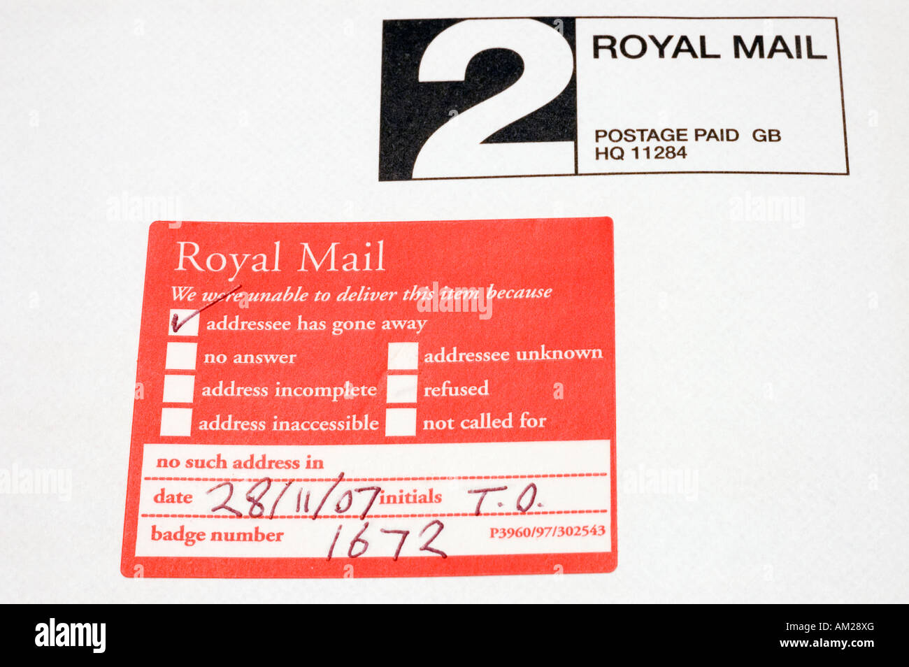 Royal Mail Sticker Used On Mail When Addressee Has Gone Away Stock