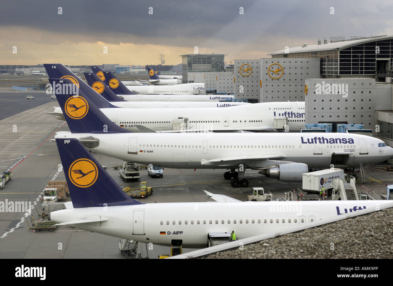 Lufthansa airplanes at the airport in Frankfurt on the Main, Germany