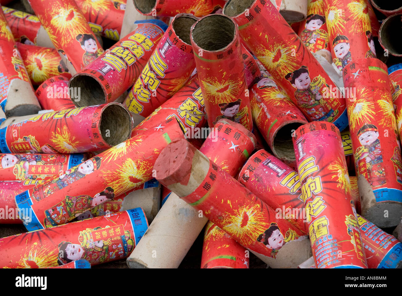 A pile of fired Chinese firecrackers. The fireworks are used in Stock
