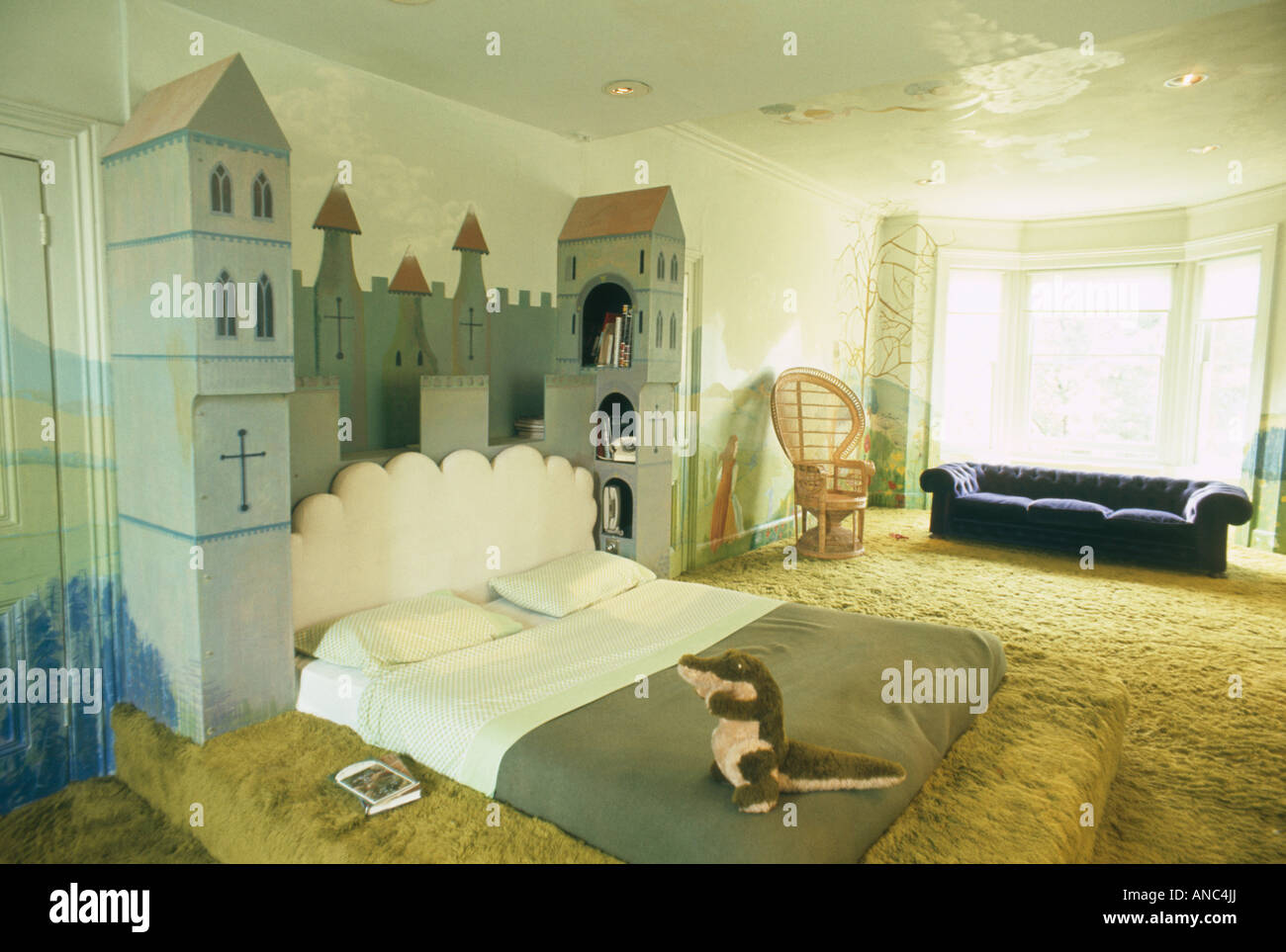 trompe loeil castle bed in seventies bedroom with lime green trompe loeil castle bed in seventies bedroom with lime green