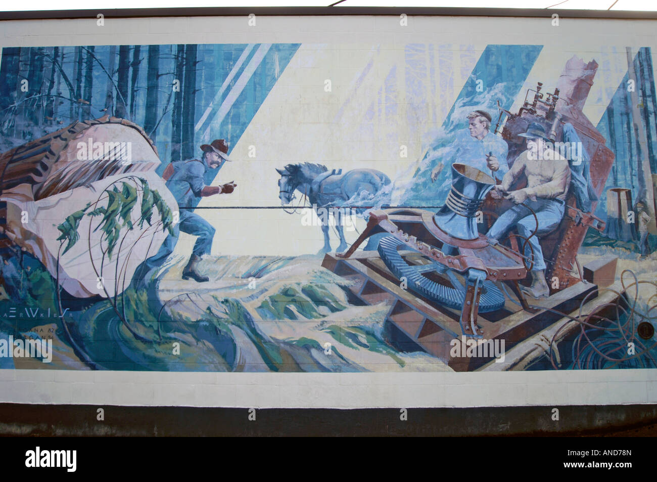 Chemainus Town Outdoor Wall Mural Steam Donkey At Work. Painted in