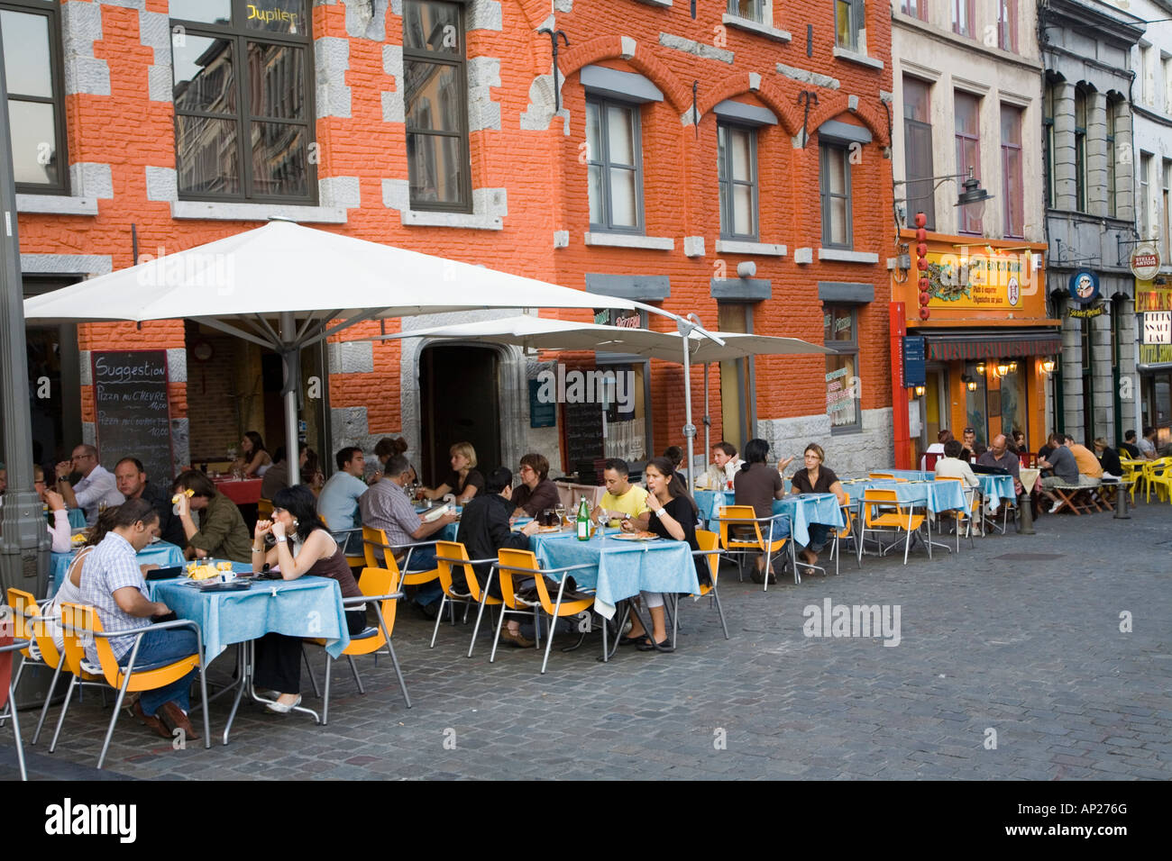 Tables In Cobbled Street Outside Cafes And Restaurants, Mons, Belgium