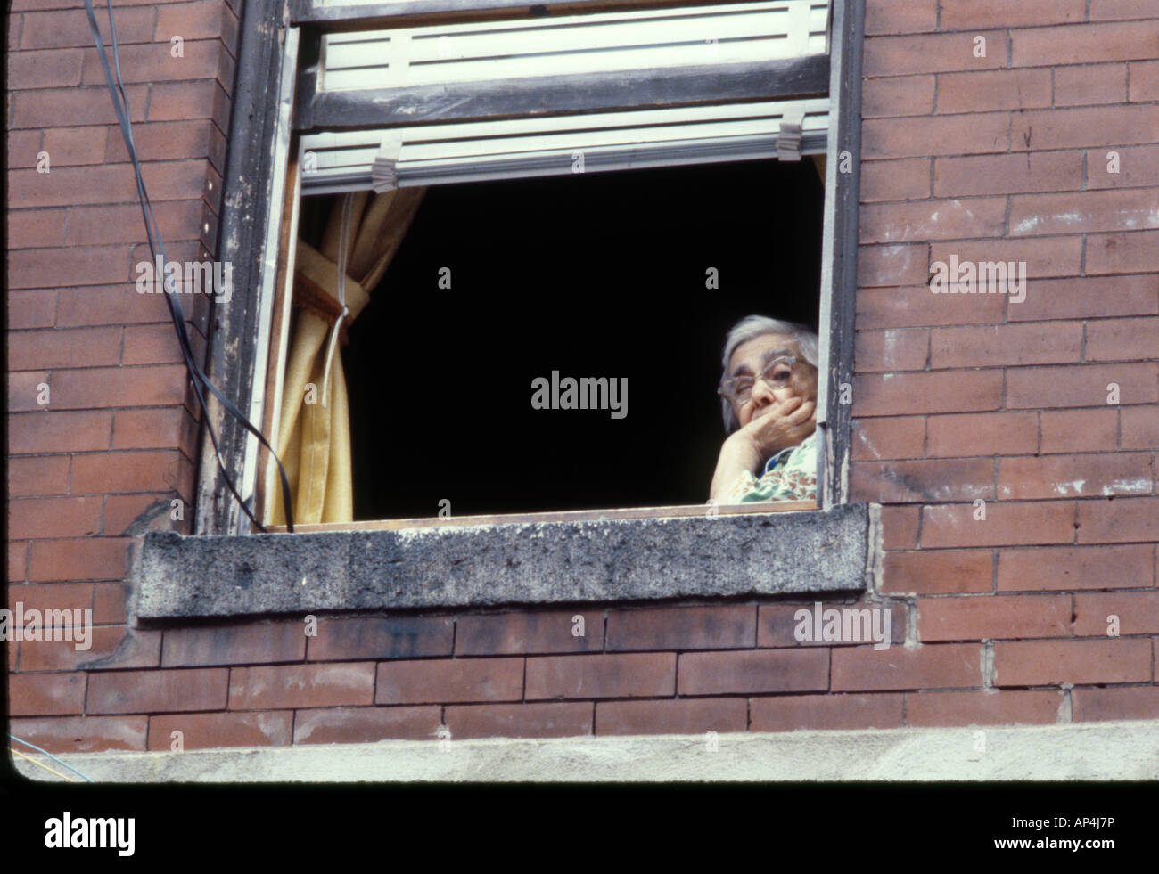Brick Apartment Building Window elderly woman glances out an open window in an old brick apartment Brick Apartment Building Window elderly woman glances out an open window in an old brick apartment