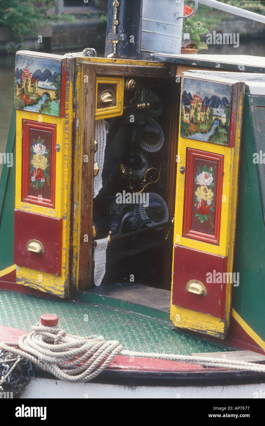 Traditionally decorated cabin doors on a motor narrowboat on the Stock