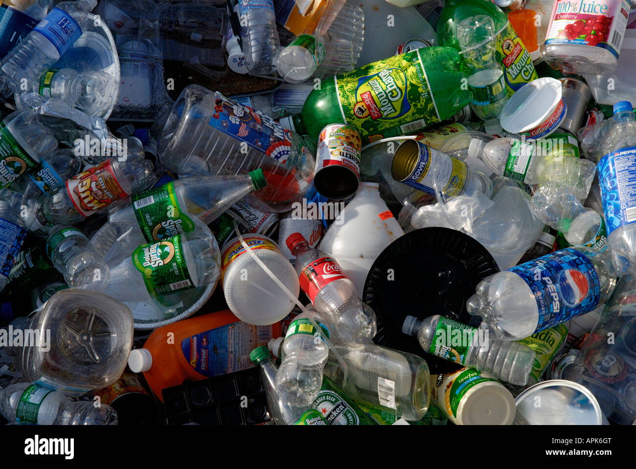 Bottles and cans at a recycling collection area The collection is Stock