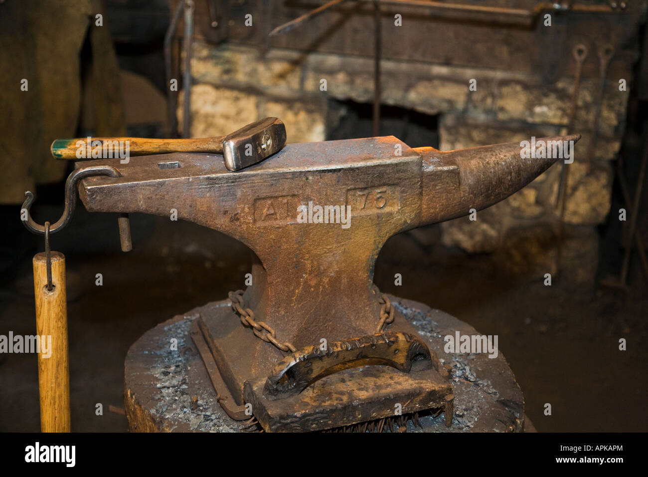 ILLINOIS Grand Detour Anvil hammer and tools in blacksmith shop at
