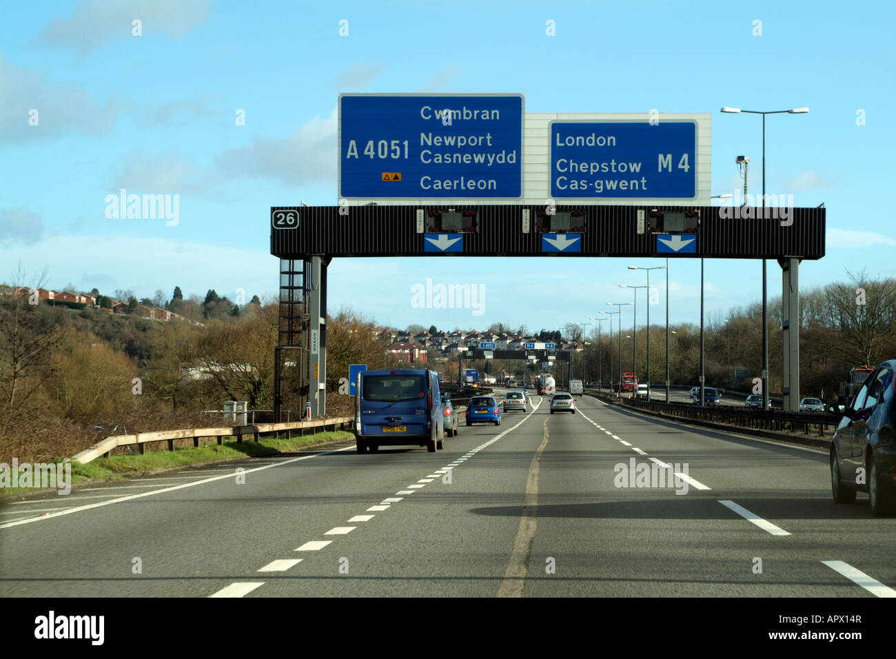 M4 Motorway Blue Sign and Junction South Wales Stock Photo, Royalty