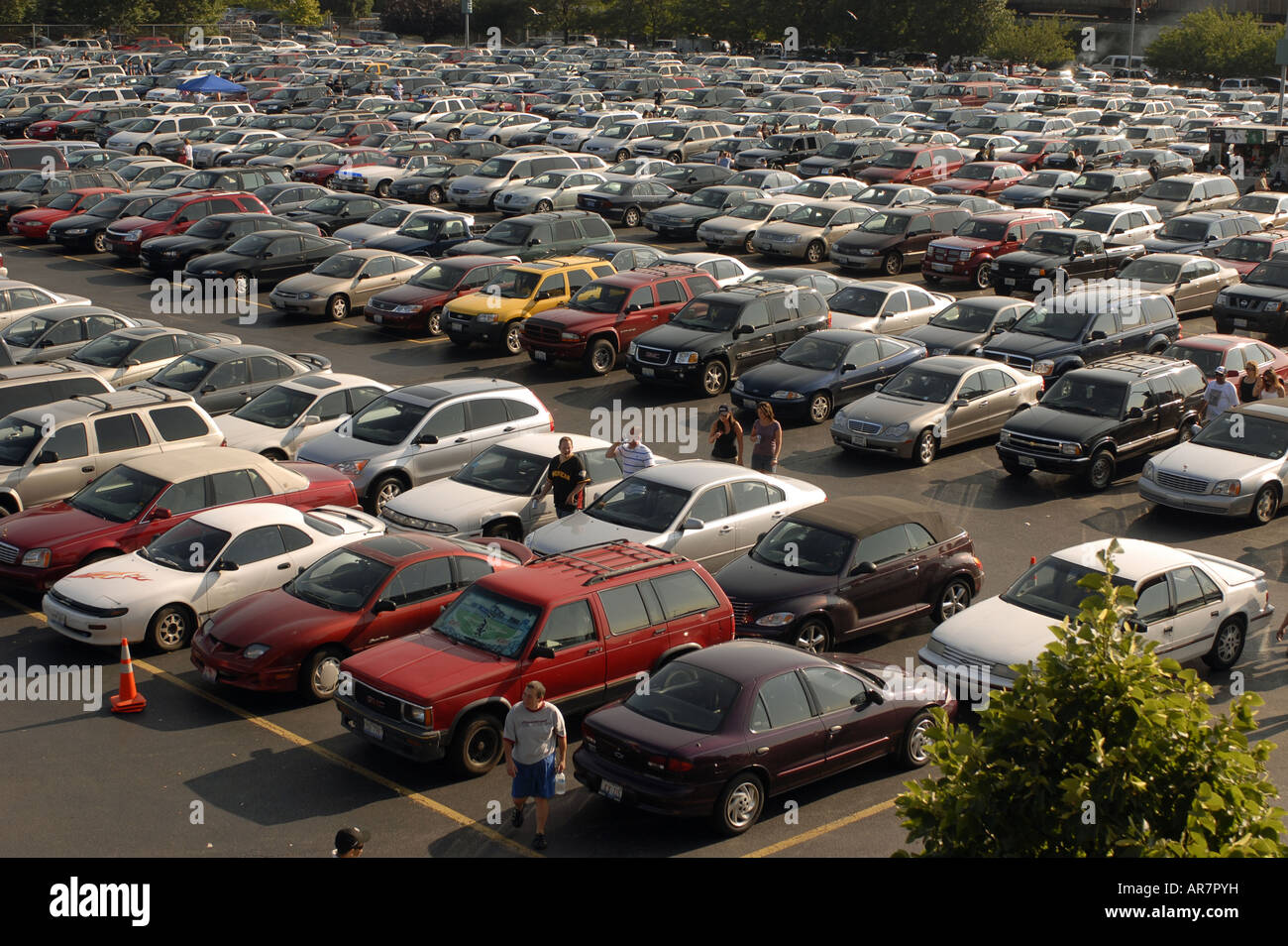 A parking lot filled with cars at a sporting event in Chicago Stock