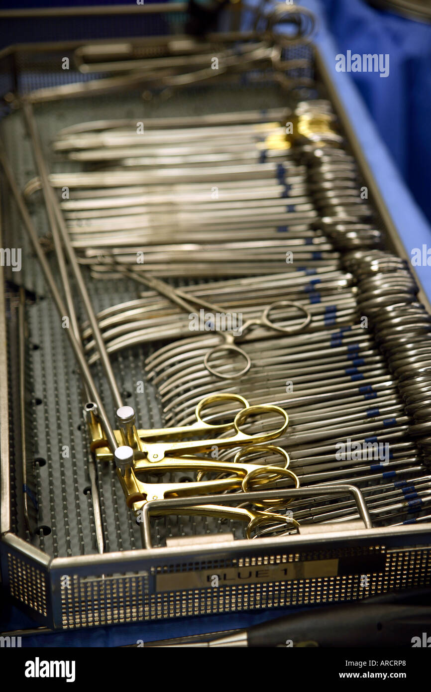 A tray of sterile surgical instruments Stock Photo, Royalty Free Image