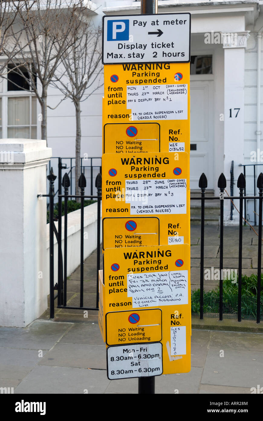 Parking suspension signs London Stock Photo, Royalty Free Image