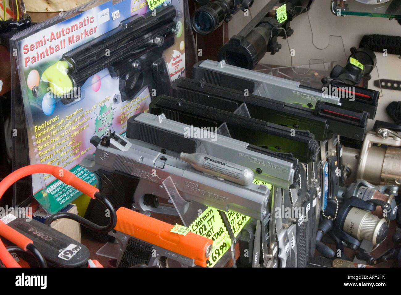 BB guns and air guns for sale in a shop window display Stock Photo