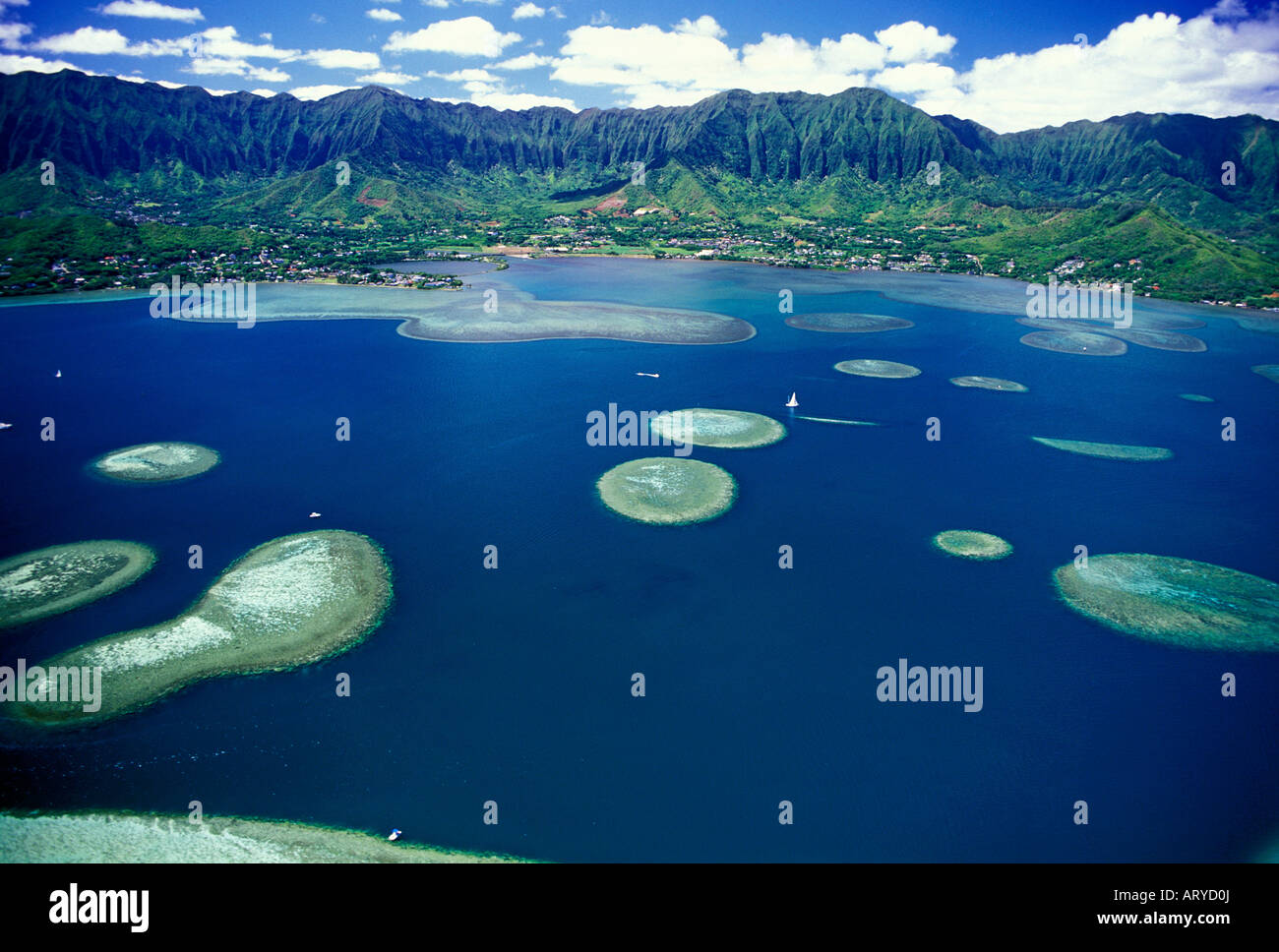 Aerial view of Kaneohe Bay and it's many table reefs and sand bars