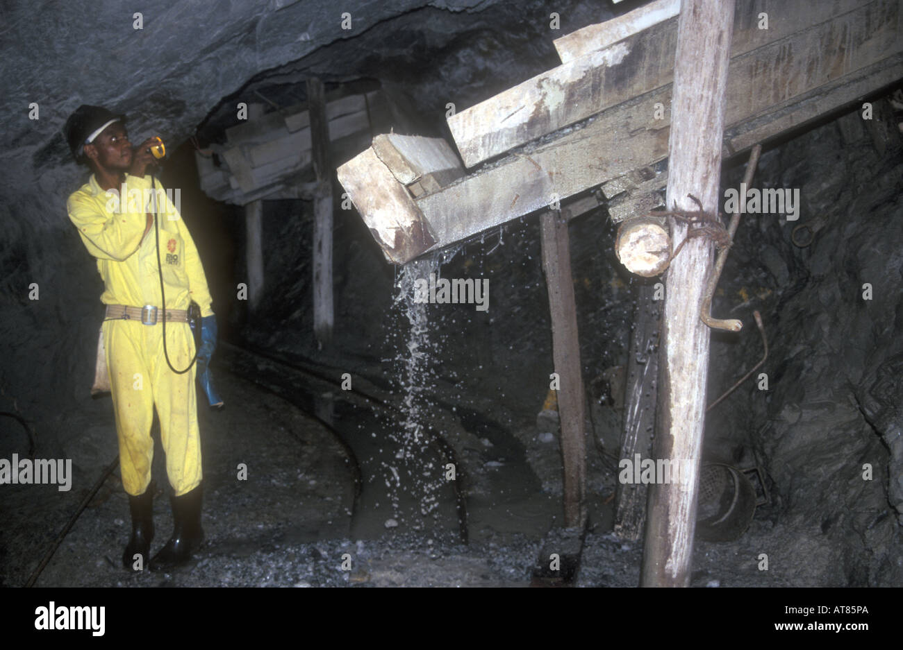 Miner inspecting underground chute Patchway Gold Mine Kwekwe Zimbabwe