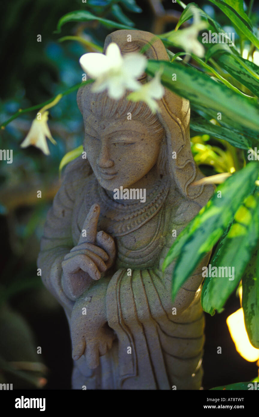 Kwan yin stone statue with orchids at Paleaku gardens, South Kona Stock