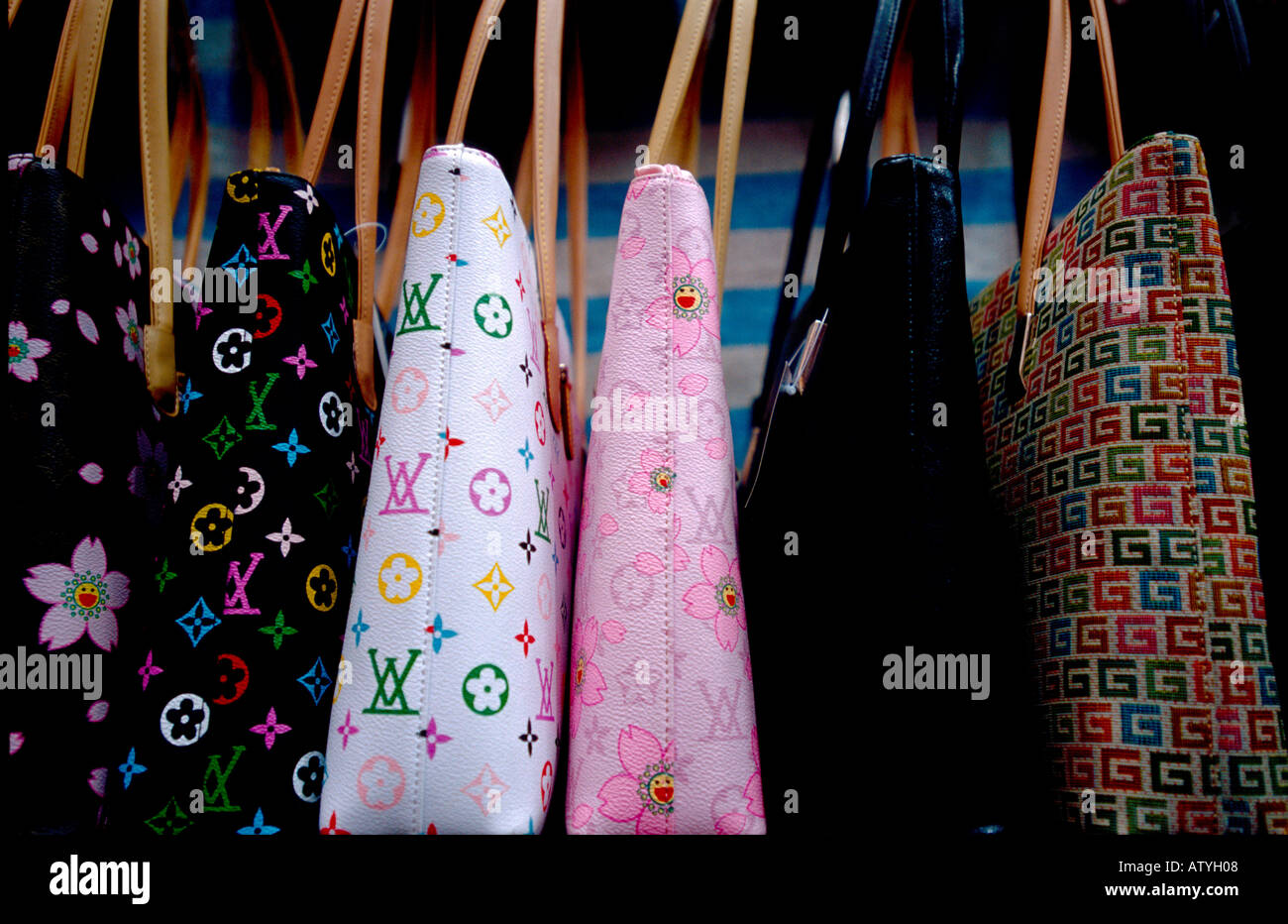 &quot;Fake designer handbags on display at the Ladies Market Kowloon Hong Stock Photo, Royalty Free ...