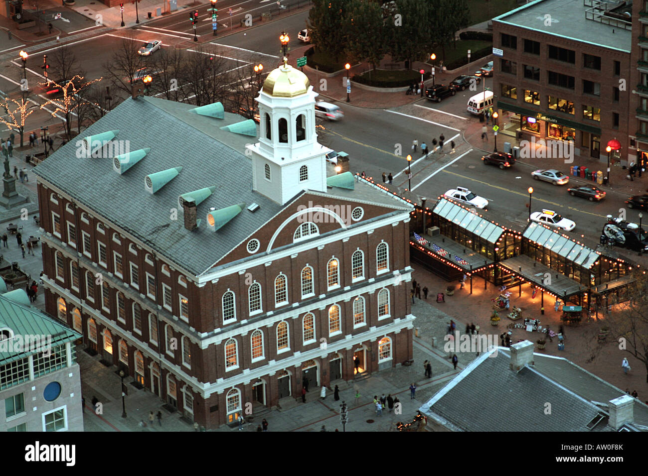 Aerial view of Faneuil Hall and Quincy Market in Boston Massachusetts