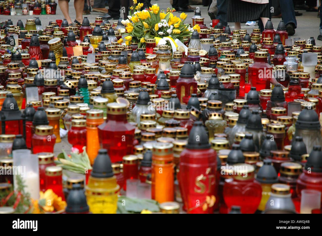 Warsaw, Poland Mourning After John Paul Ii's Death. Candles On Stock 